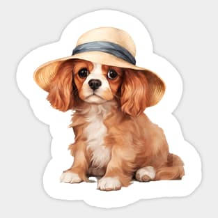 Watercolor Cavalier King Charles Spaniel Dog in Straw Hat Sticker